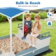 Pirate ship sandbox with canopy featuring a built-in bench, armrests, and footrest, perfect for backyard play.