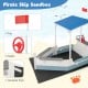 Pirate ship sandbox with blue canopy, built-in benches, and storage compartments for backyard play.