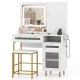 Modern makeup vanity desk set in white with LED mirror, storage drawers, and matching stool for stylish organization.