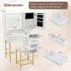 Modern makeup vanity desk with adjustable LED mirror, storage drawers, and matching stool for stylish organization.