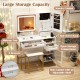 Modern white makeup vanity desk with mirror, adjustable LED lights, and large storage capacity for organized beauty.