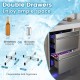 Dual drawer fridge with silver finish, holding 38 bottles or 133 cans, featuring expandable grid organizers for.