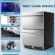 24-inch under counter dual drawer fridge in silver with adjustable foot pads and LED light for efficient cooling.