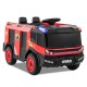 Red 12V kids ride-on fire truck with remote control, water gun, and two-seater for fun outdoor play.