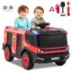 Red 12V kids ride-on fire truck with remote control, water gun, and two-seater design for fun outdoor play.