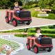 Kids ride-on fire truck in red with remote control, water gun, and adjustable seat for outdoor fun.