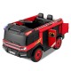 Red 12V kids ride-on fire truck with two seats, remote control, water gun, and LED lights for fun outdoor play.