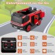 12V kids ride-on fire truck in red with remote control, water gun, and entertainment features for outdoor fun.