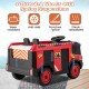 12V kids ride-on fire truck in red with 4 threaded wheels, spring suspensions, and water gun for outdoor fun.