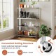 4-tier bakers rack on wheels in silver with adjustable shelves, perfect for kitchen organization and storage.