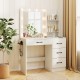 Vanity desk in white with 3-color lights, open shelves, and drawers, ideal for organizing beauty tools and accessories.