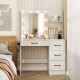 Vanity desk in white with 3-color lights, shelves, and drawers for organized beauty tools and charging convenience.