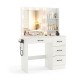 Vanity desk in white with 3-color lights, open shelves, and power outlets for organized beauty routines.