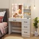 Vanity desk in white featuring 3-color lights, open shelves, and built-in power outlets for beauty tools and phones.
