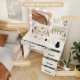 Vanity desk in white featuring spacious desktop, 3-color lights, open shelves, and multiple drawers for organized.