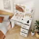 Vanity desk in white featuring 3-color lights, open shelves, and drawers for organized beauty tools and accessories.