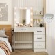 Vanity desk in white with 3-color lights, power outlets, and storage drawers for organized beauty essentials.
