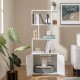 Tall white cat litter box enclosure with geometric shelves, side entry, and storage for organized pet care.