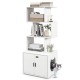 Tall white cat litter box enclosure with geometric shelves, side entry, and storage for organized pet essentials.