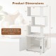 Dimensions of the 56-inch tall white cat litter box enclosure with storage, featuring geometric shelves and side entry.