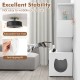 Tall white cat litter box enclosure with storage, featuring adjustable foot pads and anti-tipping kit for stability.
