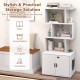 Tall white cat litter box enclosure with geometric shelves, side entry, and storage for books and pet supplies.