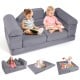Gray 9-piece foam playset with kids lounging, convertible to couch or ball pit, made of breathable suede fabric.