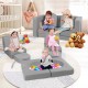 Modular kids play couch in gray with soft suede fabric, featuring 8 flexible pieces for creative configurations.