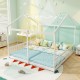House-shaped double floor bed for twins in white with safety guardrails, ideal for shared sleeping spaces.