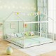 House-shaped double floor bed in white for twins, featuring safety guardrails and two twin mattresses for kids.
