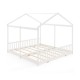House-shaped double floor bed frame in white for twins, featuring safety guardrails and sturdy plywood slats.
