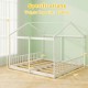 House-shaped double floor bed for twins in white with safety guardrails and sturdy plywood slats, ideal for kids' rooms.