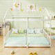 House-shaped double floor bed for twins in white with safety guardrails, ideal for shared sleeping and easy access.
