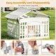 6-panel white plastic dog playpen with locking door, easy assembly, suitable for indoor and outdoor pet containment.
