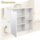 Dimensions of the white bathroom medicine cabinet with single mirror door, featuring adjustable shelves and open.