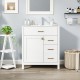 Single bathroom vanity in white showcasing a spacious cabinet and elegant handles, perfect for modern bathroom.