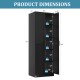 Freestanding black storage cabinet dimensions showing 70 inches tall with 2 doors and 5 adjustable shelves for.