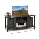 3-tier gray TV stand showing spacious open compartments for audio speakers and a built-in power outlet for convenient.