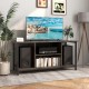 Gray 3-tier TV stand with spacious compartments, adjustable shelf, and built-in power outlet for organized media setup.