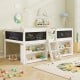 Kid twin size low loft bed in white with chalkboard ramp ladder, bookcases, and ample under-bed storage for toys.
