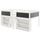 Kid twin size low loft bed in white with chalkboard ramp ladder and two bookcases for creative storage and play.