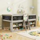 Kid twin size low loft bed in gray with chalkboard ramp ladder, bookcases, and ample under-bed storage for toys.