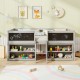 Kid twin size low loft bed in gray with chalkboard ramp ladder and two bookcases for creative play and storage.