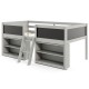 Kid twin size low loft bed in gray with chalkboard ramp ladder, two bookcases, and ample under-bed storage space.