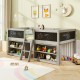 Kid twin size low loft bed in gray with chalkboard ramp ladder and bookcases for creative play and storage.