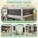 Kid twin size low loft bed in gray with chalkboard ramp ladder, bookcases, and full-length guardrails for safety.