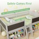 Kid twin size low loft bed in gray with full-length guardrails, chalkboard ramp ladder, and bookcases for storage.