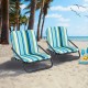 Two low folding beach chairs with blue striped cushions, perfect for outdoor use and easy transportation.