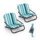 Two low folding beach chairs with blue striped cushions, featuring a lightweight aluminum frame for easy transport.