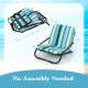 Low folding beach chair with blue striped cushion, lightweight aluminum frame, perfect for outdoor relaxation.